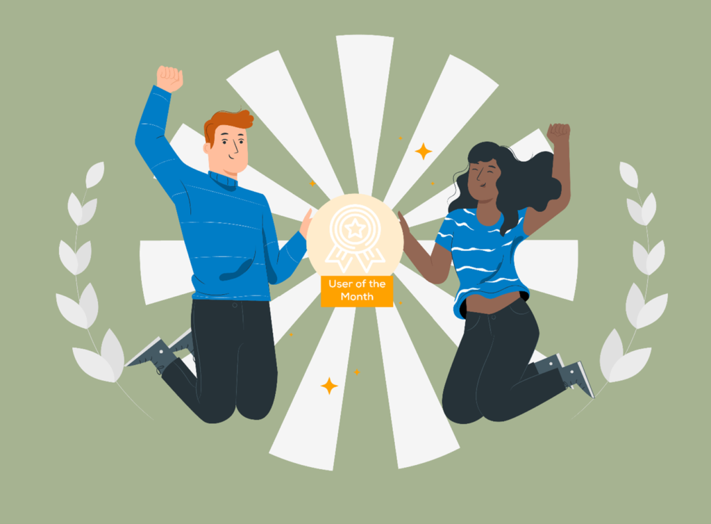 Illustration of two people holding an award between them and jumping in the air in a celebratory pose