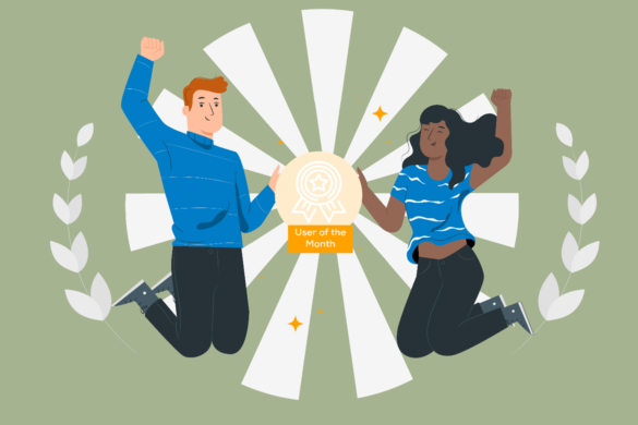 Illustration of two people holding an award between them and jumping in the air in a celebratory pose