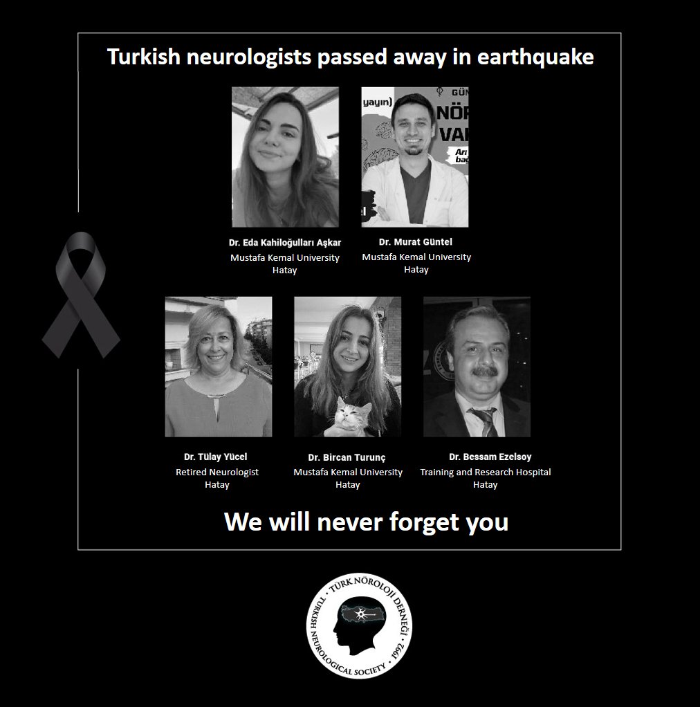Photos and names of five neurologists in black and white, who passed away in the earthquake in Turkey on 6 February 2023.