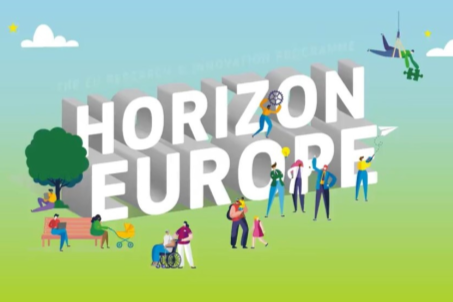 'Horizon Europe' in large 3D text, surrounded by illustrations of people undertaking various activities