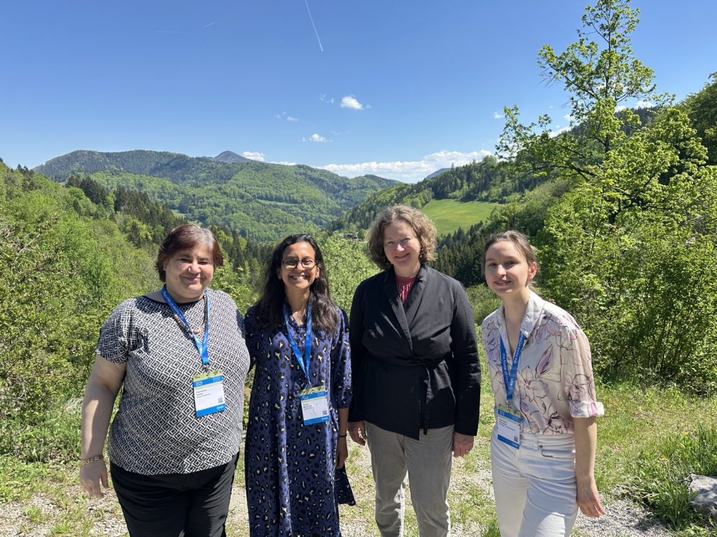 Four faculty members posing in front of rolling hills