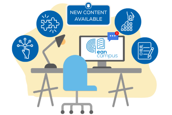 Cartoon image of a desk with computer screen, lamp and office chair
