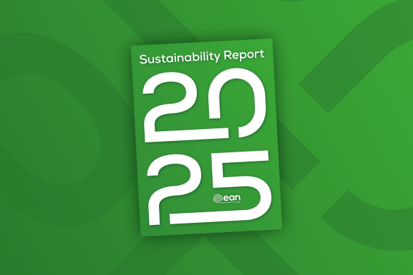 Green background with front cover in centre. Cover has 'Sustainability Report 2025' in large white type.