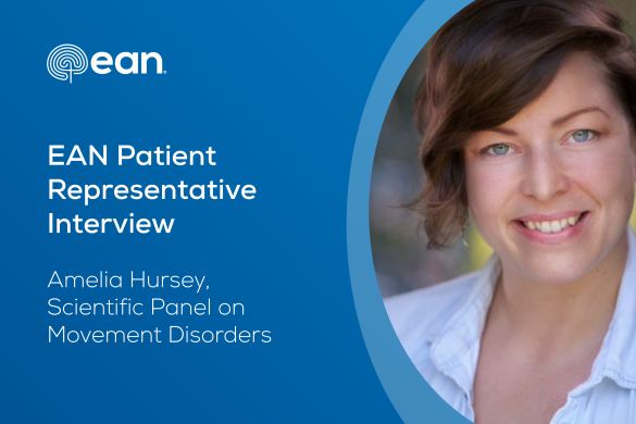 Cropped portrait of Amelia Hursey, surrounded by text "EAN Patient Representative Interview. Amelia Hursey, Scientific Panel on Movement Disorders"