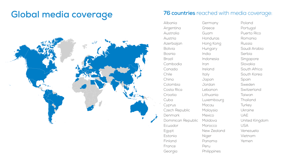 World map with highlighted countries and list of 76 countries reached with media coverage.