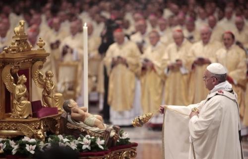 Portuguese people traditionally attend mass after Christmas Eve dinner, where during the service an image of Baby Jesus is brought out and everyone queues up to kiss it. Afterwards it is put in the nativity scene that the church has. Presents are handed over after people have returned home.